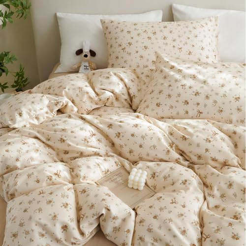 Tospass Baumwolle Bettwäsche Set 155x220cm Beige Khaki Grün Blumen Floral Schleife Mädchen Wendebettwäsche Blumenmuster Kinder Bettbezug mit Reißverschluss und Kissenbezug 80x80cm