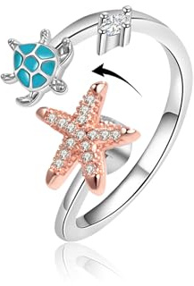 VYYU Fidget Ring for Women Girls - Anxiety Relief Stress Adjustable Open Rings with Beautiful Turtle & Starfish | Reliever Spinner Stress Relief Gift for Daughter Granddaughter Niece Little Sister
