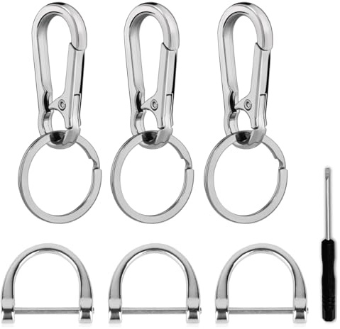 UCLEVER Lot de 3 porte-clés en métal - Mousqueton portable - Avec fermeture Velcro - Pour la maison, la voiture et le bureau - Argenté