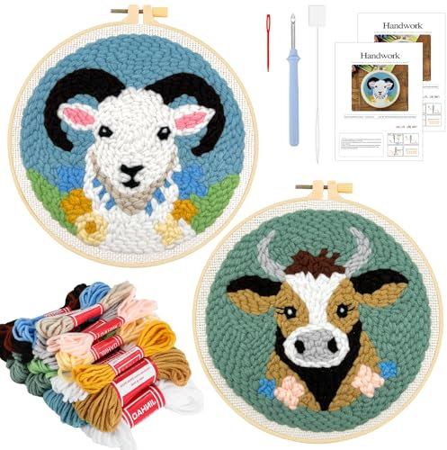 JSRQT 2 Sets Punch Needle Embroidery Starter Kits,Animal Rug Hooking Kit for Beginners and Adults,DIY Handcraft Punch Stitching with Embroidery Hoops,Cattle and Sheep Pattern