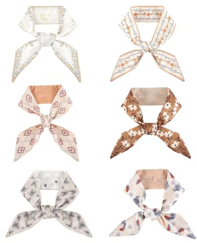 Mikovivi 6pcs Foulards Mode pour Femme, Foulard Bohème Léger Long Fin en Satin Soyeux Ruban Cravate Polyvalent pour le Cou les Cheveux les Sacs à Main et Accessoires de Sac à Main