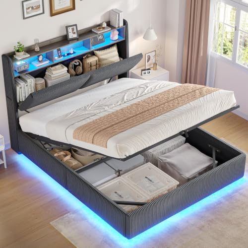 AOGLLATI Cama Matrimonial 140x190 con Almacenamiento Hidráulico | Cama Juvenil con Cabecero, Cama Canape con 270° LED y Carga Integrada, Somier Estructura de Cama Listones Madera, Pana Gris