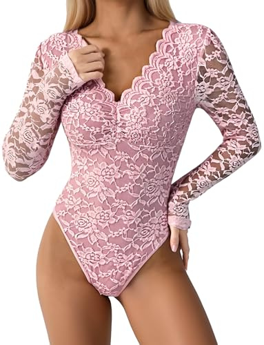 Ausing Donna Camicia Elegante Stretta Camicette Pizzo Modellante da Donna Maglietta Maniche Lunghe Eleganti Rosa Body Manica Lunga Tulle Top Sexy Bordeaux Sottogiacca Trasparente Corpetto L