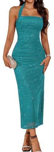 DRESSTELLS Womens Halter Floral Backless Ruched Maxi Sparkly Formal Corset Ruched Bodycon Wedding Guest Cocktail Dresses