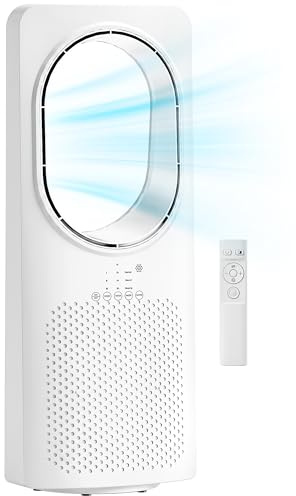 HOMCOM Ventilatore a Torre Senza Pale per Camera da Letto, Silenzioso 36dB, con Oscillazione a 45°, Luci LED, 3 Velocità, 3 Modalità, Timer 15 Ore, Telecomando, Bianco