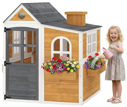 AIYAPLAY Cabaña Infantil de Madera para Exterior e Interior, Casa de Juegos con Puerta, Ventanas, 3 Contenedores de Flores, Resistente a la Intemperie para Niños de 3-6 Años, 125,5x119x126cm
