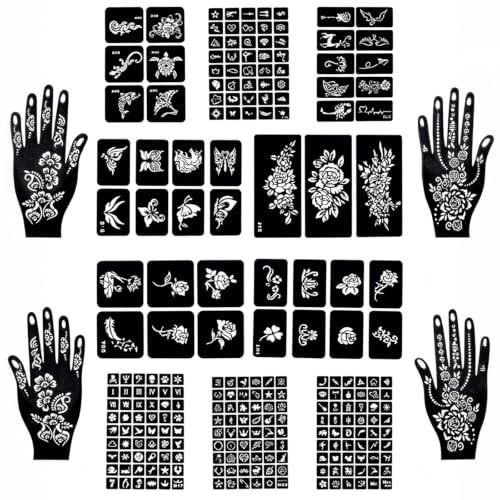 247 Artículos Tatuajes Temporales Kit 14 Hojas henna tatuajes reutilizables Stencil Tatuajes Temporales negros Ideales para decorar las manos y el cuerpo Apto para hombres y mujeres