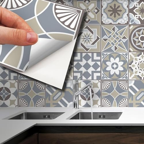 WALPLUS 15cm(6) 24 pcs Limestone Spanish Tiles Wall Tile Stickers Peel and Stick Backsplash Self-Adhesive Vinyl Home Decoration DIY Living Bedroom Splashbacks for Kitchen Tile Paint Stick on Tiles