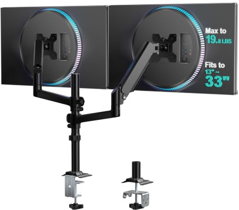 WALI Premium dubbel LCD-skärm skrivbordsmontering helt justerbart gasfjäderstativ för display upp till 32 tum, 8 kg kapacitet (GSDM002), svart