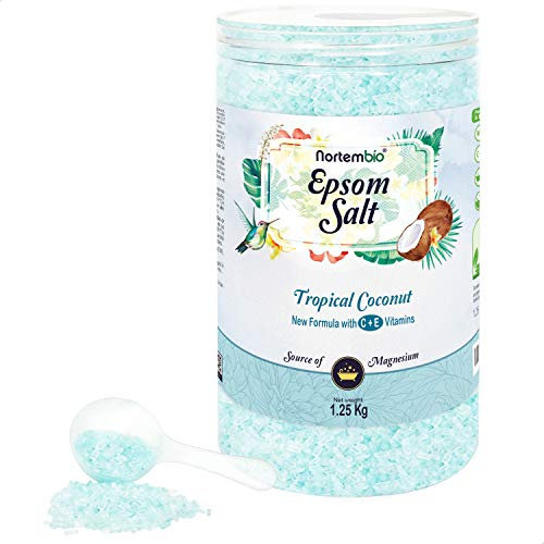 Nortembio Sali di Epsom 100% Fragranza Cocco Tropicale 1,25 kg – Fonte Naturale di Magnesio | Con Vitamina C ed E Idratante | Per Bagni Rilassanti, Spa e Cura della Pelle + E-Book Gratuito
