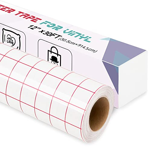 IModeur Transfer Tape for Vinyl, 12 x 30Ft (30.5 x 915cm) Clear Vinyl Transfer Paper Tape Roll with Red Grid for Permanent Vinyl and Self Adhesive Vinyl for Signs Stickers, Car Decals