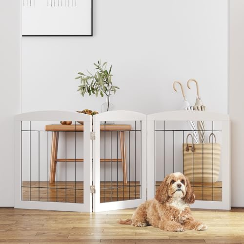 PAWLAND Free Standing Dog Gates for The House Stairs Doorways Indoor Foldable Wooden Small White Puppy Pet Gate Step Over Fence 60 W 24 H 3 Panels