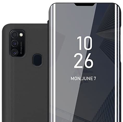 Cadorabo Hülle kompatibel mit Samsung Galaxy M21 / M30s in TURMALIN SCHWARZ - Clear View Spiegel Schutzhülle mit Standfunktion 360 Grad Schutz
