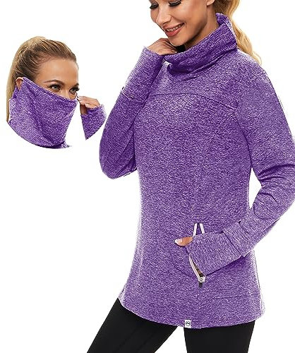 Soneven Jersey de Cuello Alto para Mujer, sin Capucha, con Bolsillos, Camiseta Funcional de Manga Larga, Sudadera de Forro Polar, Cuello Alto, Sudadera de Invierno, Morado, M