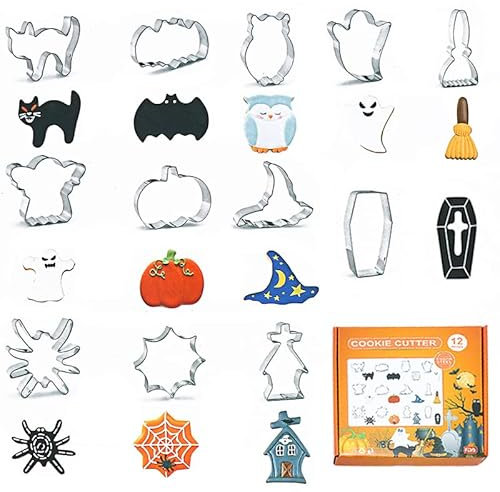 RUIYWEN Juego de 12 Cortadores de Galletas de Halloween en Forma de Calabaza Fantasma Murciélago Gato, Moldes de Acero Inoxidable para Galletas Fondant Chocolate
