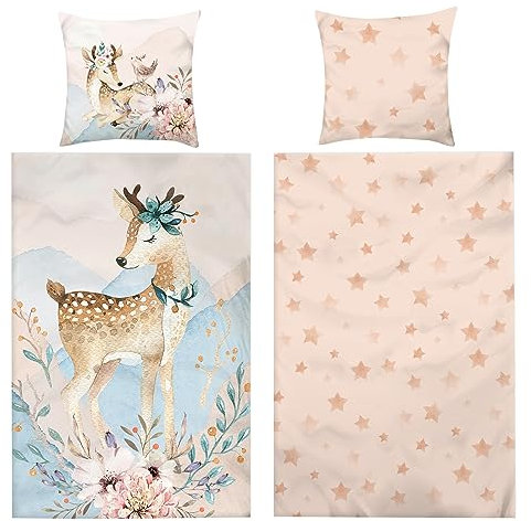 Aminata kids - Biber Bettwäsche 135x200 Mädchen REH-Motiv Baumwolle, Reißverschluss - Warm, Weich & Kuschelig - Winter-Wende-Bettwäsche-Set, Flanellbettwäsche