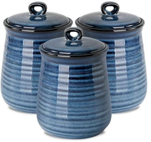 Hasense Kitchen Canisters Set with Airtight Lid for Countertop, 25 Ounce Ceramic Vintage Food Storage Jars Containers Set of 3 with Cover for Coffee, Sugar, Tea, Spice, Candy and Nut, Navy