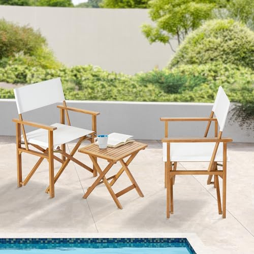 casa.pro Conjunto Bistró Mesa Cuadrada 2 Sillas con Respaldo Plegables Juego de Muebles de Jardín para Balcón Terraza Patio Jardín Exterior Madera de Eucalipto Lino - Blanco y Color Madera