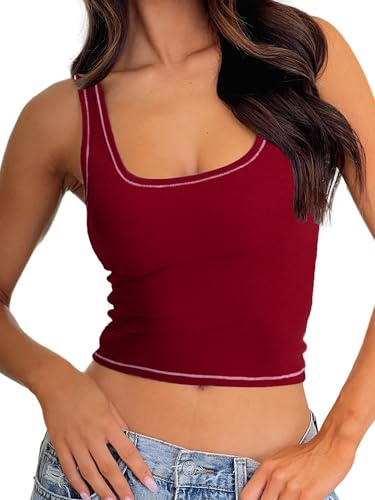 Danysu Women Rib Tank Top Padded Square Neck Crop Tank Fit Basic Cami Tops | Summer Top, Cami Tops for Women, Workouts, Y2K, Party, Going Out Vest Top