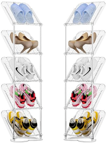 Farerkass Zapatero Estrecho con 5 Niveles, Sapateira Que Ahorra Espacio, 21 x 26 x 102 cm Estantería Zapatos, Zapateros Inclinación de 45°, Zapatero Blanco para Puerta de Entrada Recibidor, Armario