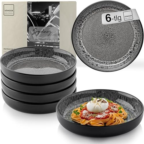 Sänger Sydney | Steingut Pastaschalen 6 tlg, Nudel Schalen Set 6 Personen, Schüssel Set spülmaschinenfest mikrowellenfest, große Schüssel multifunktional dunkel grau 750 ml | VALUE COLLECTION