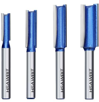hsawbit Router Bit Set, 4pcs Two Flute Straight Router Bits 1/4 Shank, Cutting Dia. 1/4,5/16,3/8,1/2 Flush Trim Cut Router Bit for Woodworking
