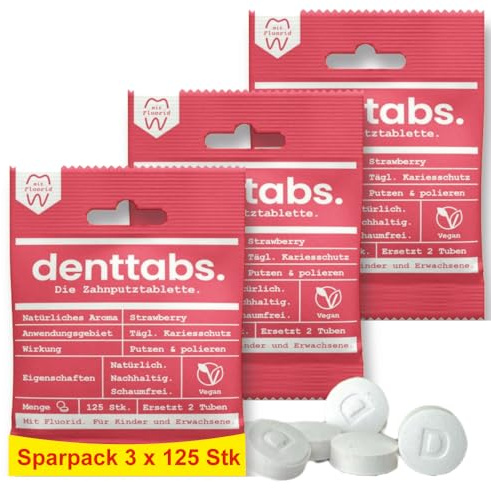 Denttabs tandborsttabletter jordgubbssmak 3 x 125 st. det fullvärdiga alternativet till tandkräm, med anpassat fluoridinnehåll för barn, VEGAN plastfri utan konserveringsmedel. kompostabil väska