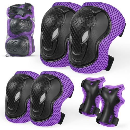 Knä- och armbågsskydd för barn, 6-i-1 justerbar skyddsutrustning för barn med nätväska för skateboard, rullskridskoåkning, cykling och utomhussport (lila, S)