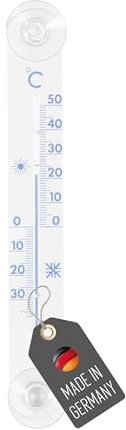 Lantelme Termometro per finestra con ventosa, visualizzazione della temperatura, analogico, da -30 °C a 50 °C, in plastica, lunghezza 20 cm x 3 cm, trasparente, termometro con testa di aspirazione per