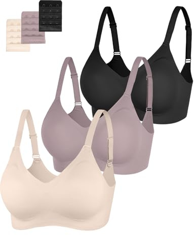 Eleplus 3-Pack Wireless Jelly Seamless Bras for Women Non Wired Comfort Push up T Shirt Bra Pack (Black+Gray+Beige,L)