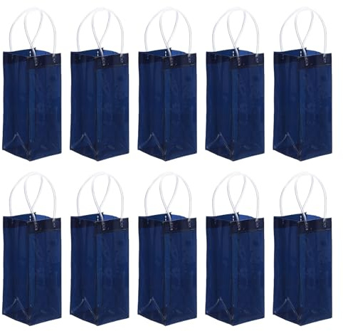 PATIKIL Ice Wine Bag, 10 Pcs Portable Collapsible Clear Wine Pouch Cooler Clear PVC Gift Bags with Handles for Champagne Party Outdoor Cold Beer Chilled Beverages, Navy Blue