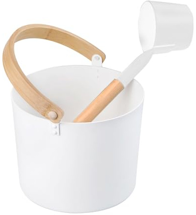 Finsk bastuhink – 7 L aluminiumvattenfat, ångbad spade set | Elegant träutseende med värmebeständigt handtag och matchande sked, perfekt för spa-terapi och hemmabadsessioner