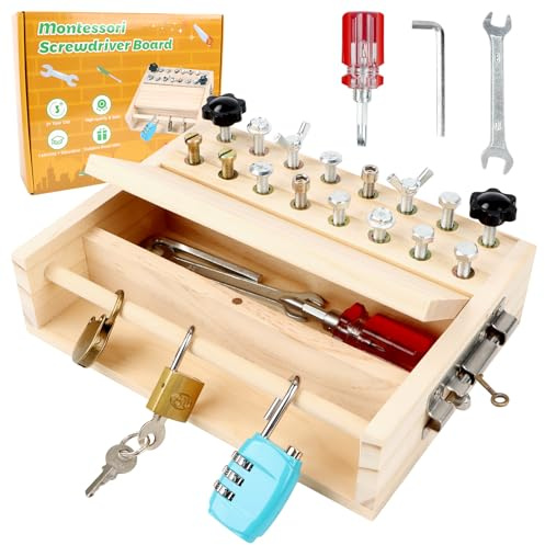 Montessori Juego de destornilladores de juguete, juguete de motricidad de madera, destornillador, tabla de trabajo con llave y cerradura, habilidades motoras finas sensoriales a partir de 3, 4, 5 años