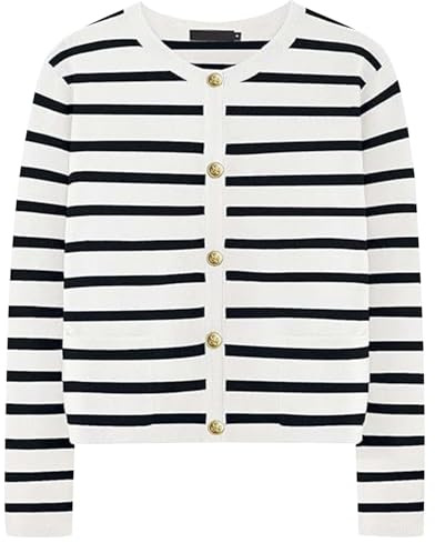 Chaqueta de invierno para mujer, chaqueta de forro polar para mujer, cárdigan a rayas, suéter con botones, punto recortado, chaquetas para mujer, abrigo, trajes, ropa, Blanco, L