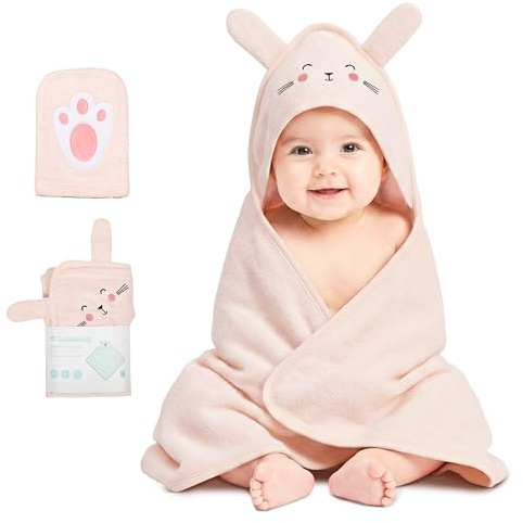 CuddleBug Premium babyhandduk och tvättduk set – 100 % bomull frottéhanddukar för nyfödda och småbarn, supermjuka och absorberande, nödvändigheter för nyfödda (76 cm x 76 cm) – rodnad rosa kanin