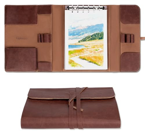 LIGHTWISH Cuaderno para acuarela – A5 20 hojas 100 % algodón 300 g/m² | Desmontable con panel trasero | Diario de acuarela de viaje todo en uno con soporte para pinceles y bolsillos de almacenamiento