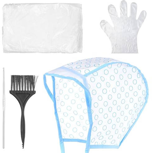 Hair Highlighting Cap, Blue Hair Highlighting Cap Kit Coloring Frosting Dye Kit with Iron Crochet Hook, Brush, Shawl and Gloves Highlight Caps for Salon DIY Dyeing Hairdressing
