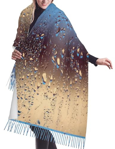 HDTVTV Bufanda de cachemira sintética con borlas, ideal para primavera, otoño e invierno, cálida y suave. Manta con borlas. Estampado de gotas de lluvia sobre vidrio.
