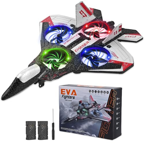 TLPEMN Getto da combattimento aereo 4D RC con illuminazione a LED, clip a 360° e rulli acrobazie, 3 modalità di velocità, 2 batterie ricaricabili, facile da volare per bambini e principianti