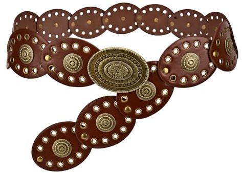 GDDDYWWJ Western Belt Women,Vintage Western Wide Disc Cowboy Belt Wide Leather Boho Belts for Women Dresses Pants Skirts (Brown)