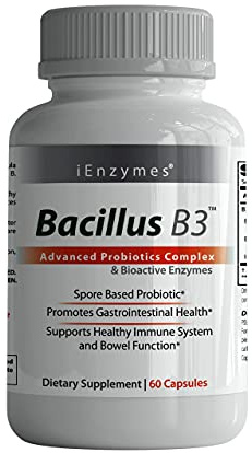 Bacillus B3 Spore-Based Probiotic + Enzymes for Gut Health & Microbiome Support, Shelf-Stable Daily Probiotic with Bacillus Coagulans, Bacillus Subtilis & Bacillus Clausii, 60 Capsules