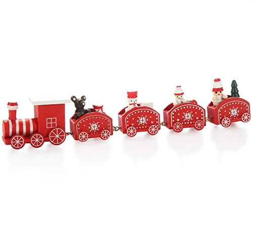 com-four® Tren Navideño con Cuatro Remolques - Decoración de Mesa, Madera Roja, 24cm