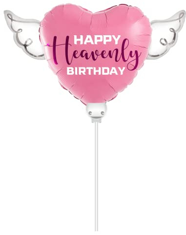 Heavenly Balloons Pink Happy Heavenly Birthday 8 Heart Balloon on a Stick with Purple Heavenly & Angel Wings - Memorial | Grave Decoration for Cemetery and Graveside