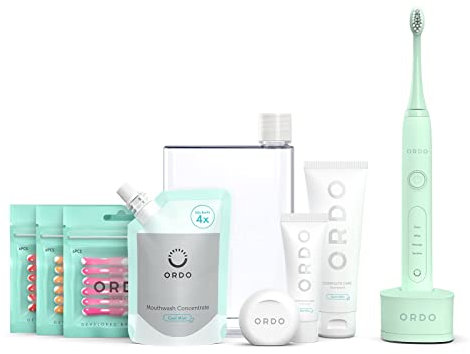 Ordo Sonic Electric Toothbrush & Starter Kit Mouthwash Toothpaste Dental Floss Interdental Brushes Vegan Alcohol Free Fresh 4 Brushing Modes Rechargeable Battery Adults Mint Green
