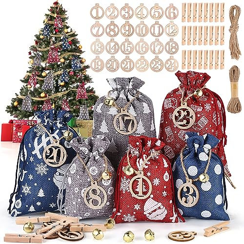DazSpirit 24 Adventskalender zum Befüllen und Aufhängen, DIY Adventskalender Stoffsäckchen mit Holzklammern, Hanfseil, Glocken und Holzzahlen, Weihnachtskalender Selberfüllen für Kinder