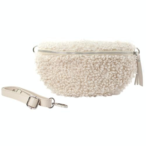 lePelou Frauen Bauchtasche aus Leder und Teddyfell, Crossbody Tasche, Umhängetasche, Festivaltasche, Gürteltasche, Geschenk für Sie (Creme)