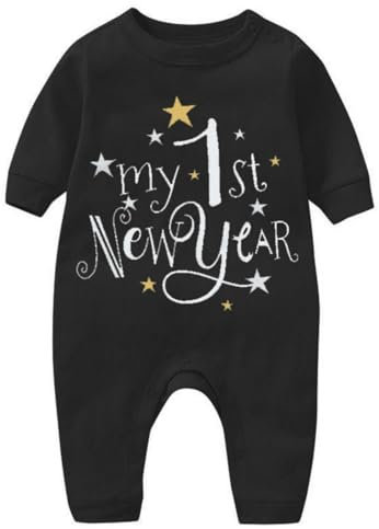 FGUUTYM Meine erste Neujahrskleidung Neugeborenes Baby, Junge, Mädchen, Neujahrs-Outfits, Briefdruck-Spielanzug, Overall, Stirnband, Outfits-Set Body Ballett Mädchen (Black, 6-9 Months)