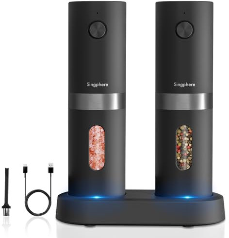 Singhere Elektrische Salz und Pfeffermühle set mit Wiederaufladbaren Basis, Einstellbare Salz und Pfeffermühle mit LED Licht von grob bis fein Gewürzmühlenset Automatisch