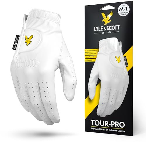 Lyle & Scott Tour Pro Premium Golfhandschuh aus ultraweichem Cabretta-Leder, ultimativer Halt, Feuchtigkeitskontrolle, langlebig, Herren-Golfhandschuh, weiß, Größe M, L, rechte Hand
