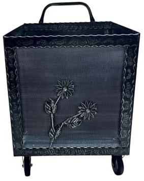 Porta Legna con Ruote, Porta Pellet, in Ferro Battuto, 52 x 50 x 84h cm, Motivo Floreale, Per Camino e Stufe (Grigio)